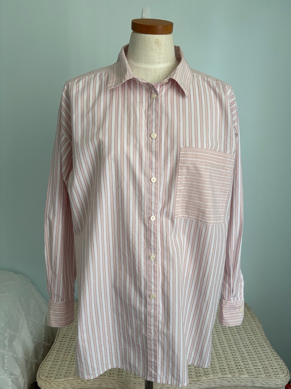 LOFT Pink and White Striped Button-Down Shirt